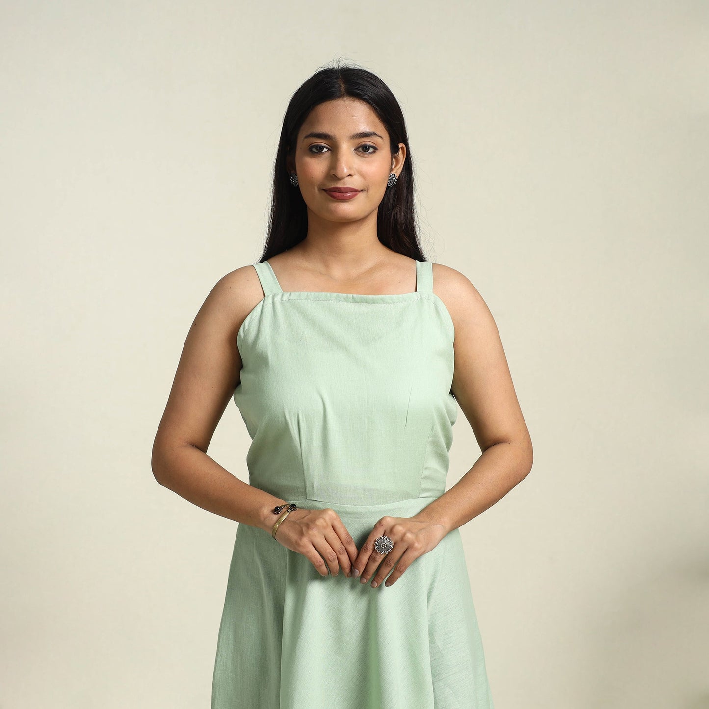 Green Flex Cotton Plain Dress