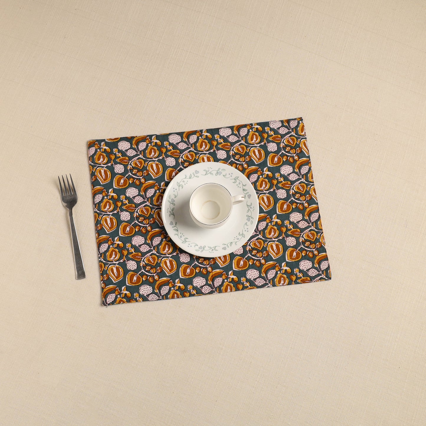 Green Floral Print Cotton Reversible Table Mat