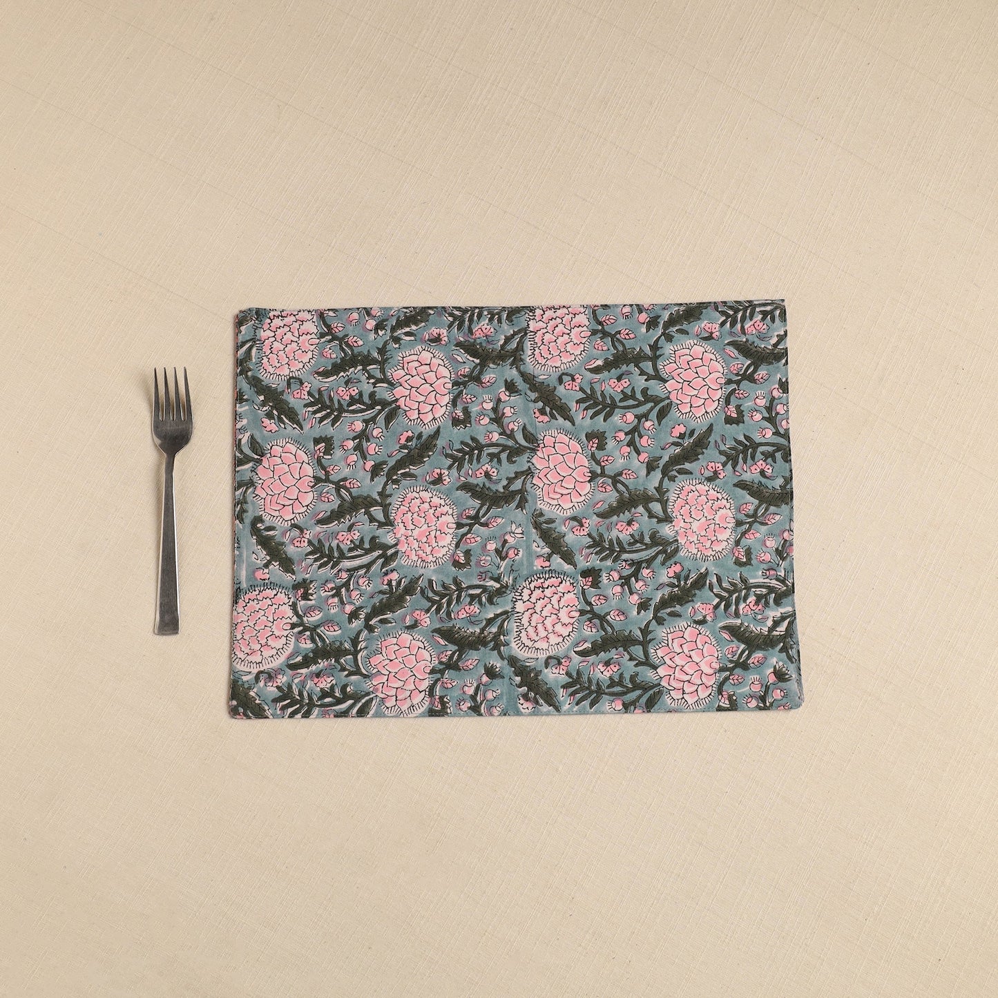 Green Floral Print Cotton Reversible Table Mat