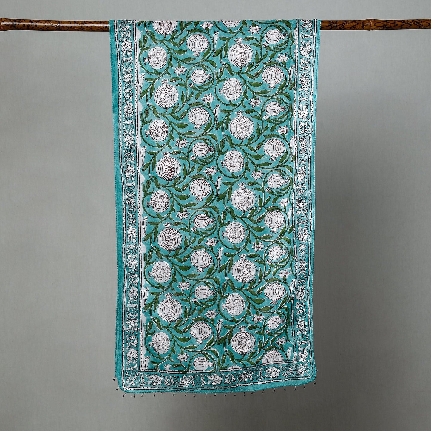 Green with Flowers Sanganeri Block Printed Cotton Stole with Beaded Border