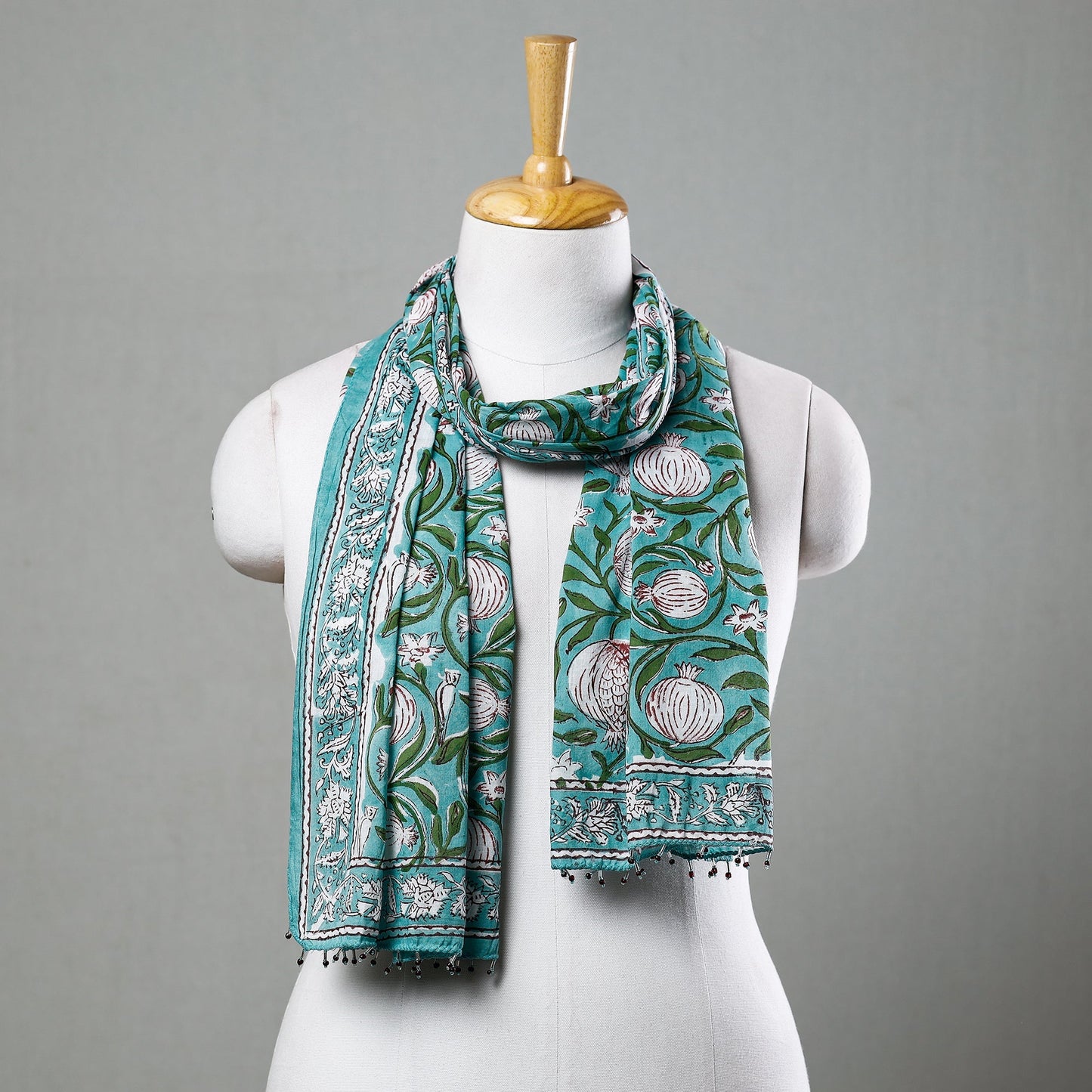 Green with Flowers Sanganeri Block Printed Cotton Stole with Beaded Border
