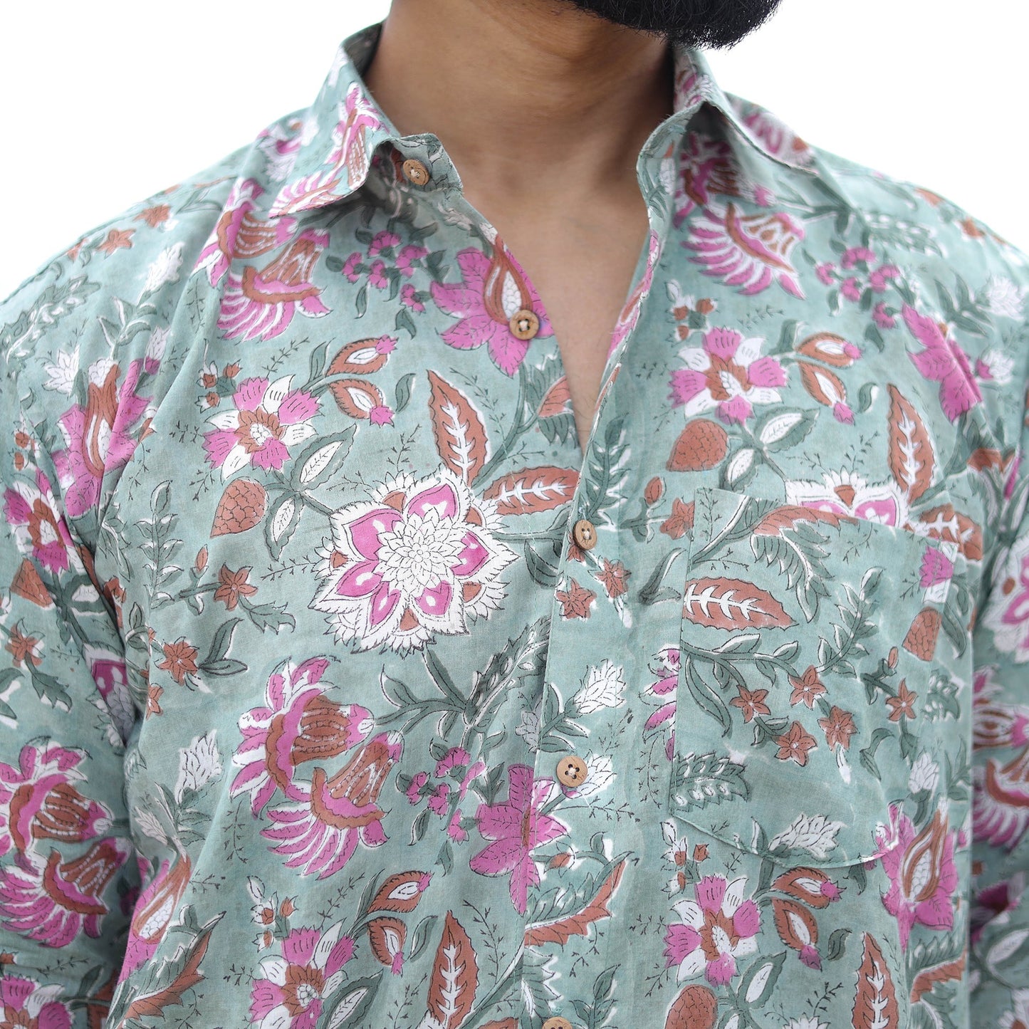 Green Full Sleeve Block Print Cotton Men Sanganeri Shirt