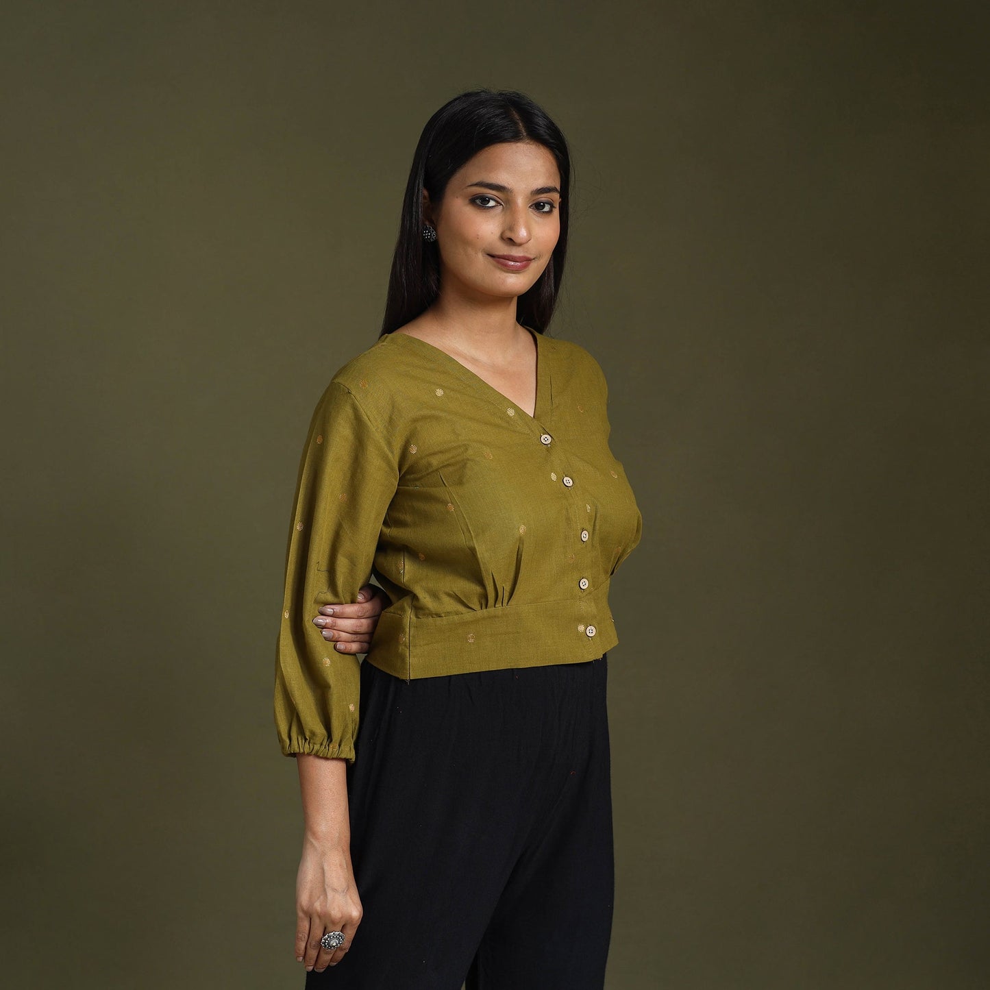 Green Full Sleeve Cotton Jacquard Crop Top
