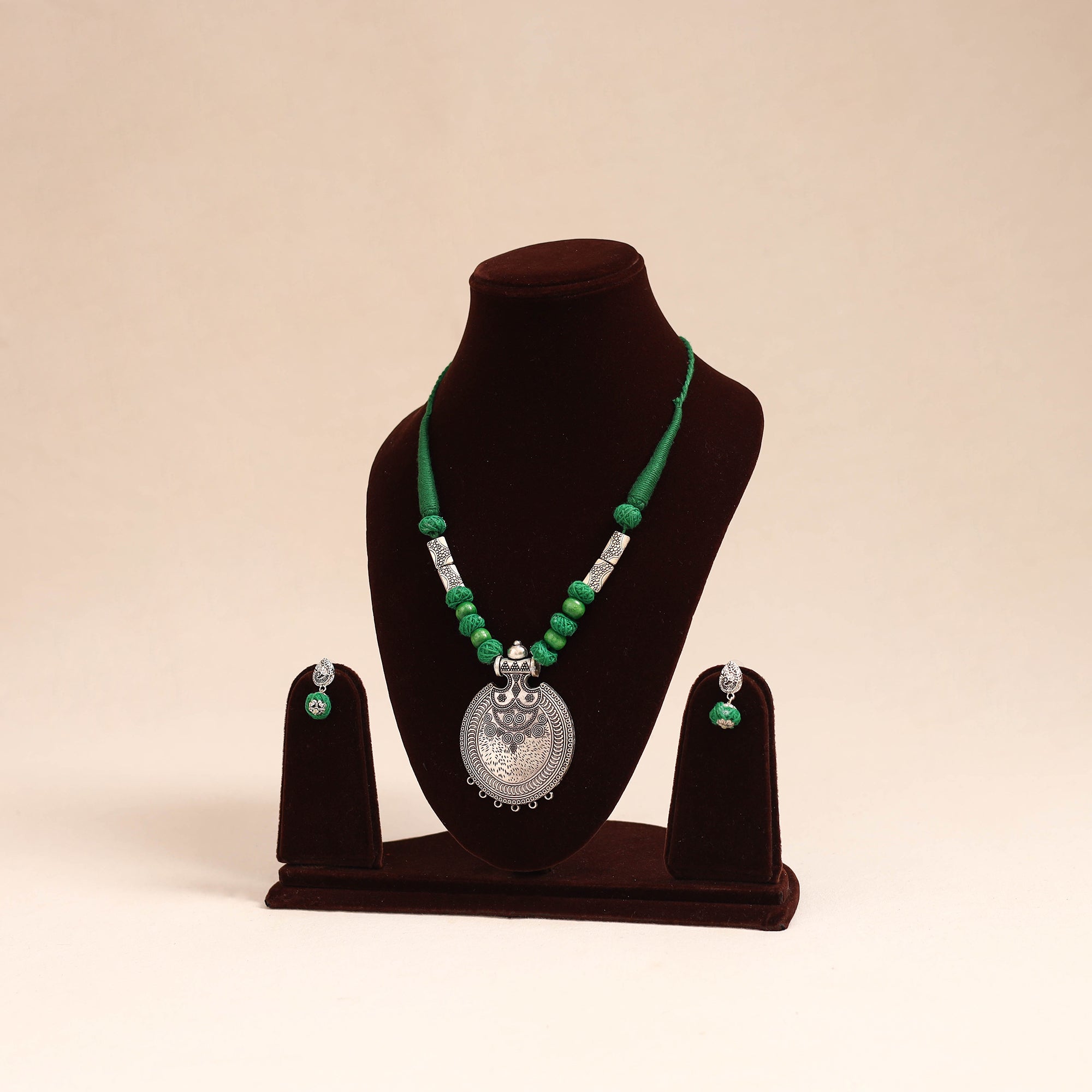 Green - German Silver Wooden Beads Necklace Set 17