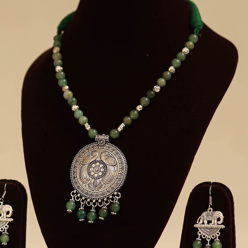 Green - german silver necklace set with glass stones 26