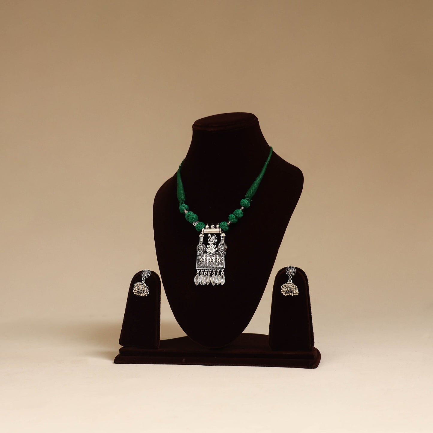 Green - german silver thread beads necklace set 14