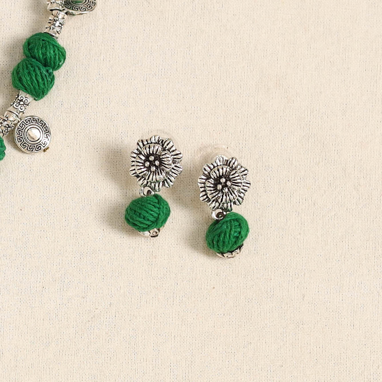 Green - german silver thread beads necklace set 36