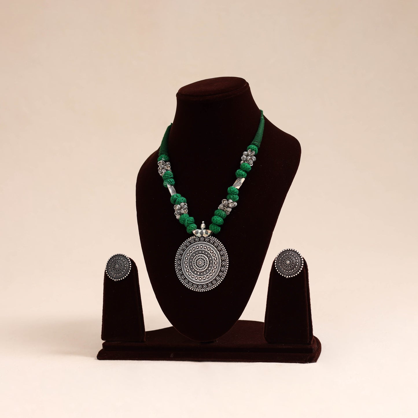 Green - german silver thread beads necklace set 38