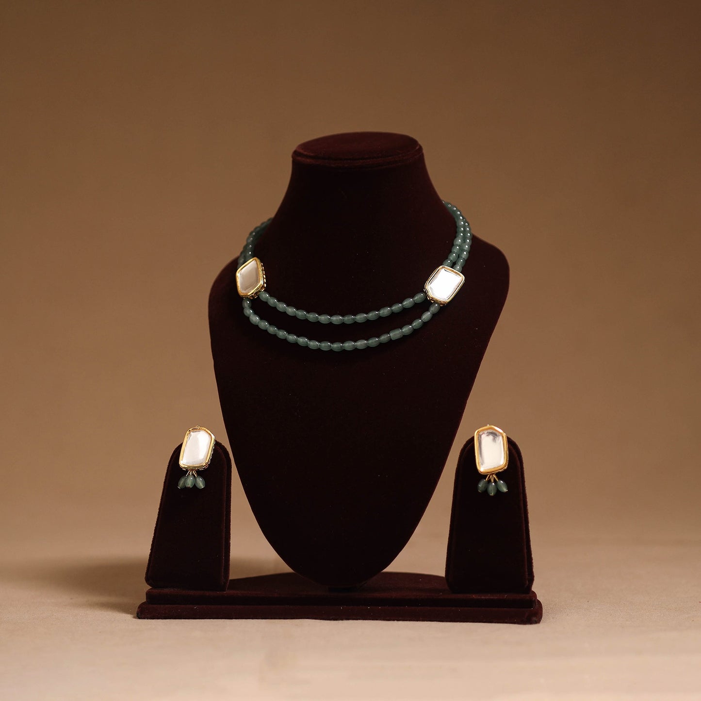 Glass beads kundan work necklace set 67 - handcrafted