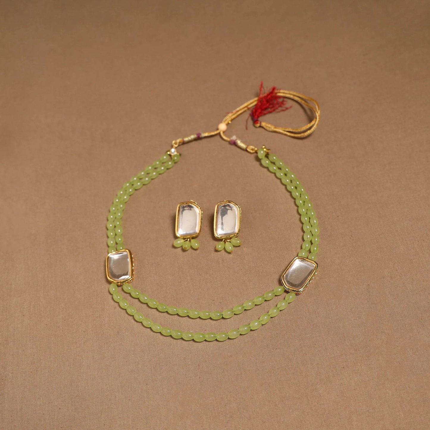 Glass beads kundan work necklace set 69 - handcrafted