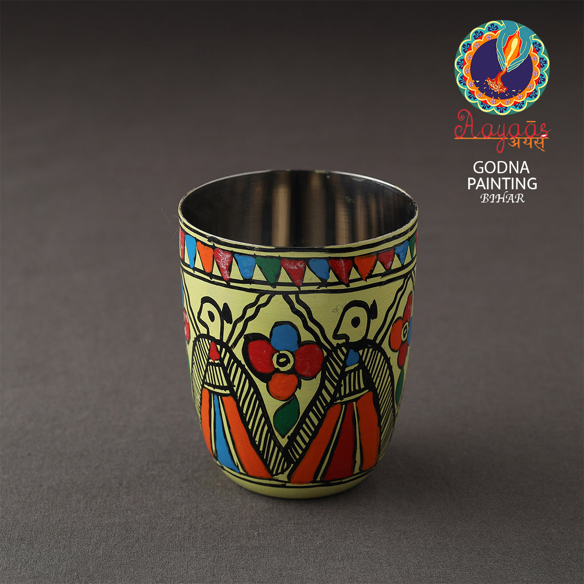 Godna Madhubani Green Handpainted Stainless Steel Glass