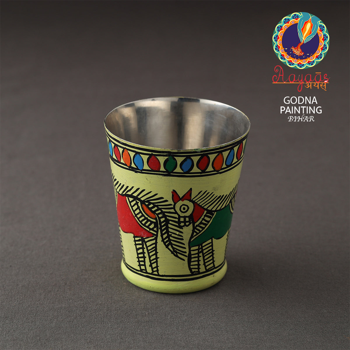 Godna Madhubani Green Handpainted Stainless Steel Glass