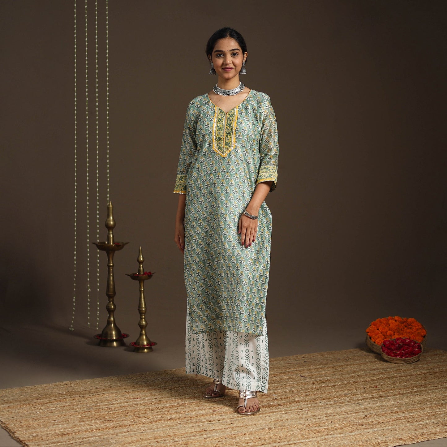 Green - gota work chanderi silk sanganeri kurta set (set