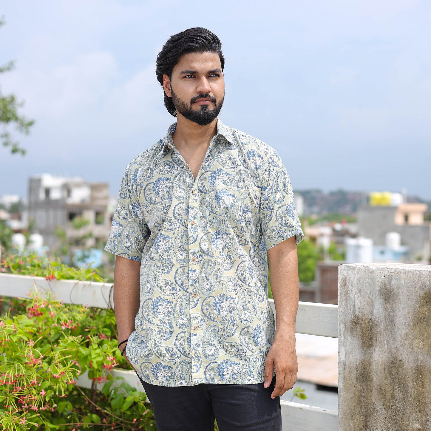 Green Half Sleeve Block Print Cotton Men Sanganeri Shirt