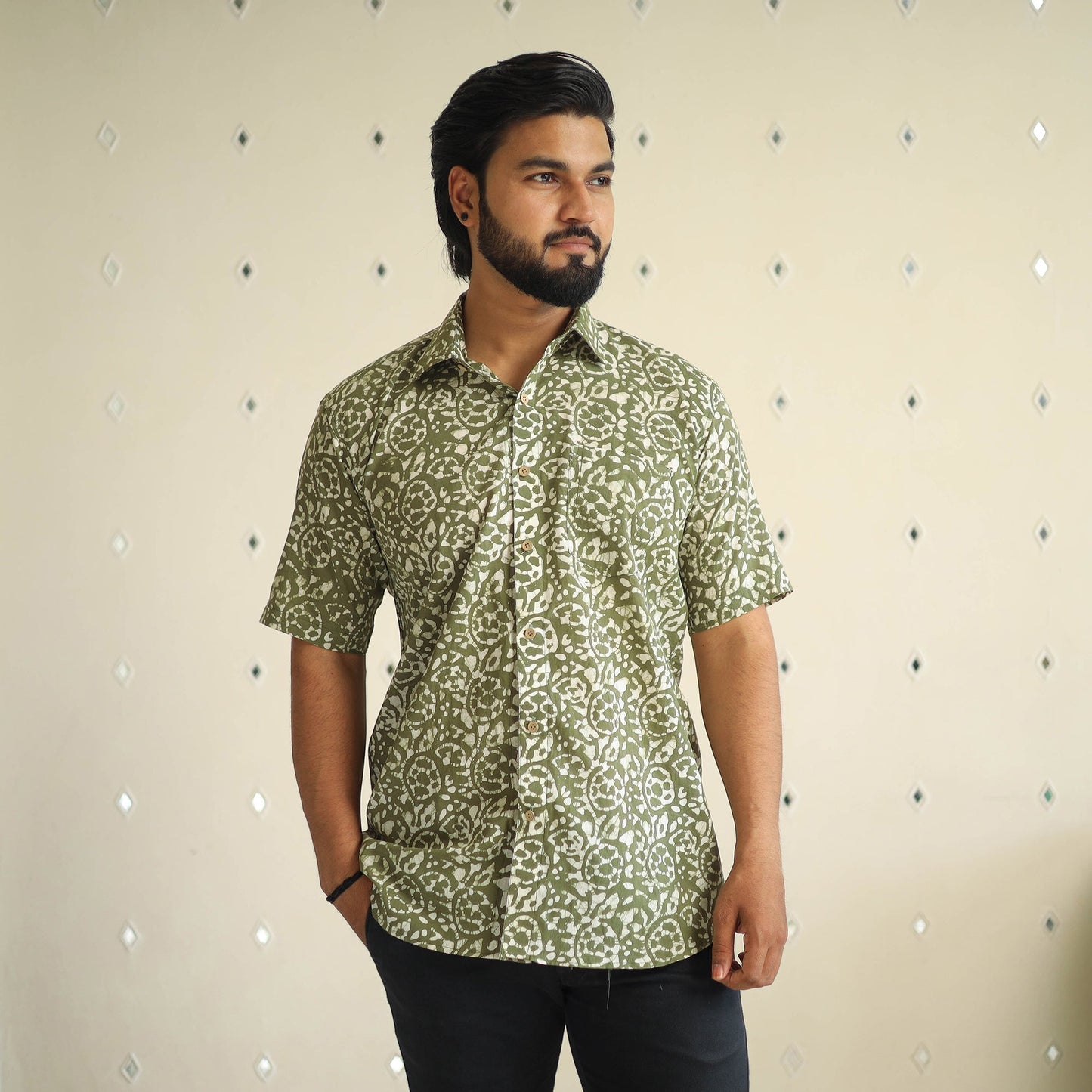 Half Sleeve Cotton Men Hand Batik Print Shirt