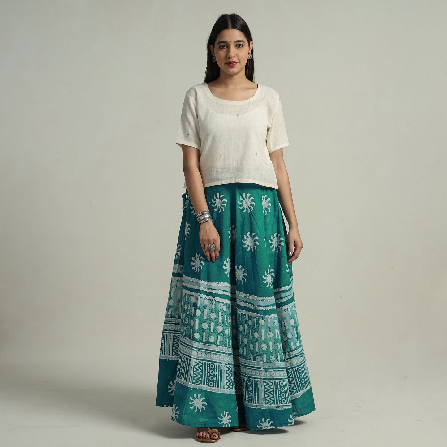 Green Hand Batik Printed Running Stitch Cotton Long Skirt