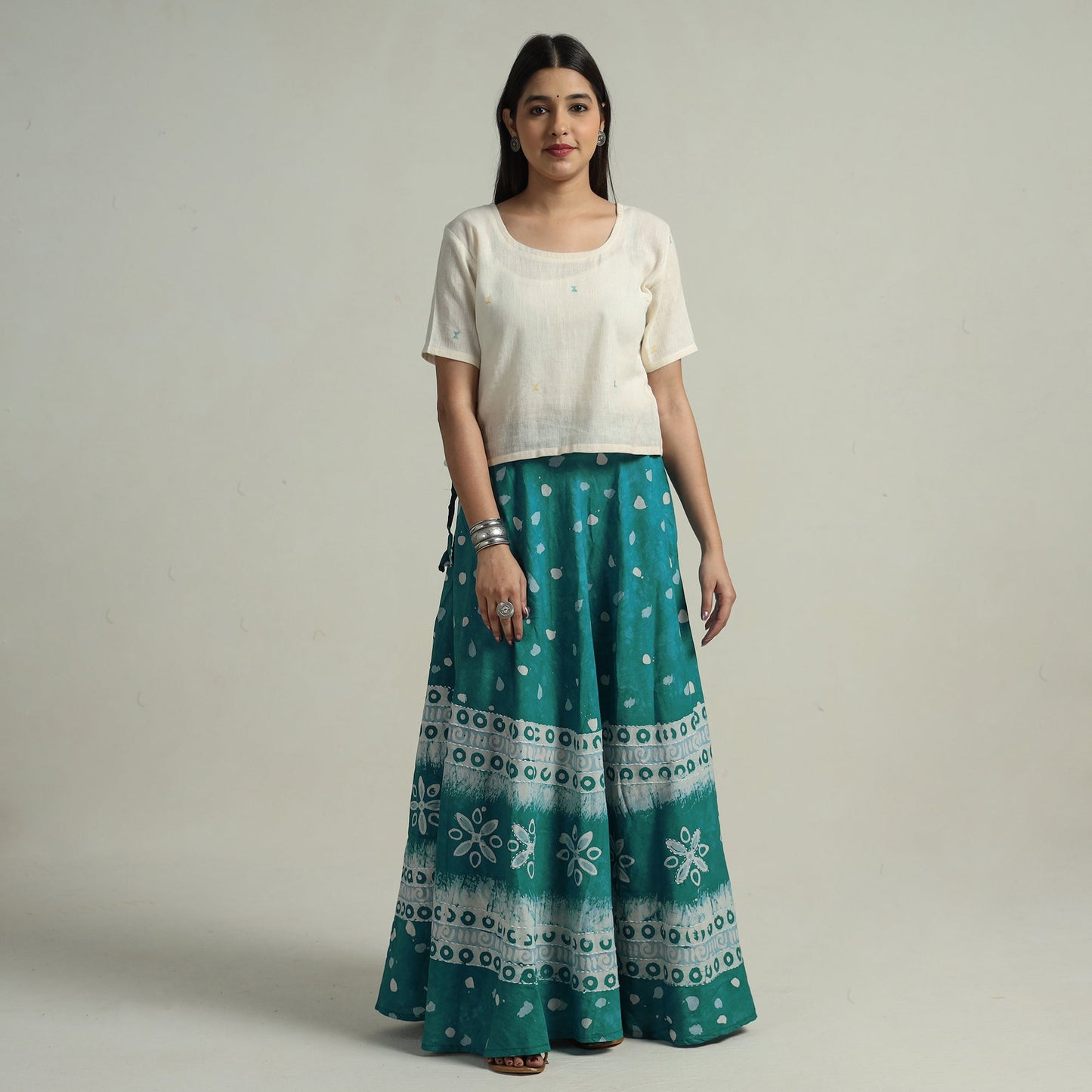 Green Hand Batik Printed Running Stitch Cotton Long Skirt