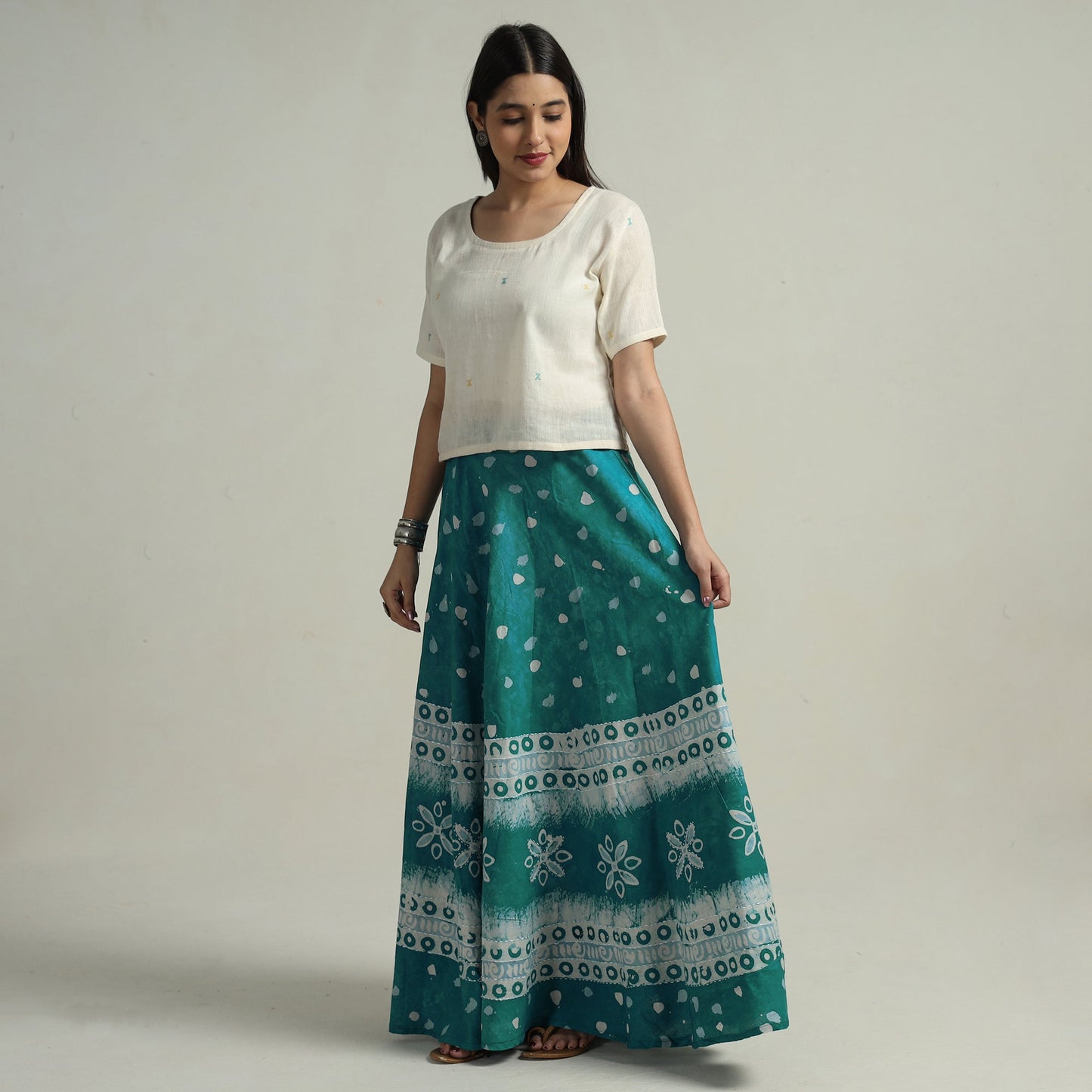 Green Hand Batik Printed Running Stitch Cotton Long Skirt