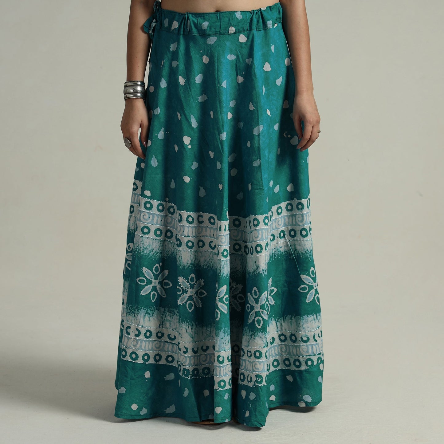 Green Hand Batik Printed Running Stitch Cotton Long Skirt