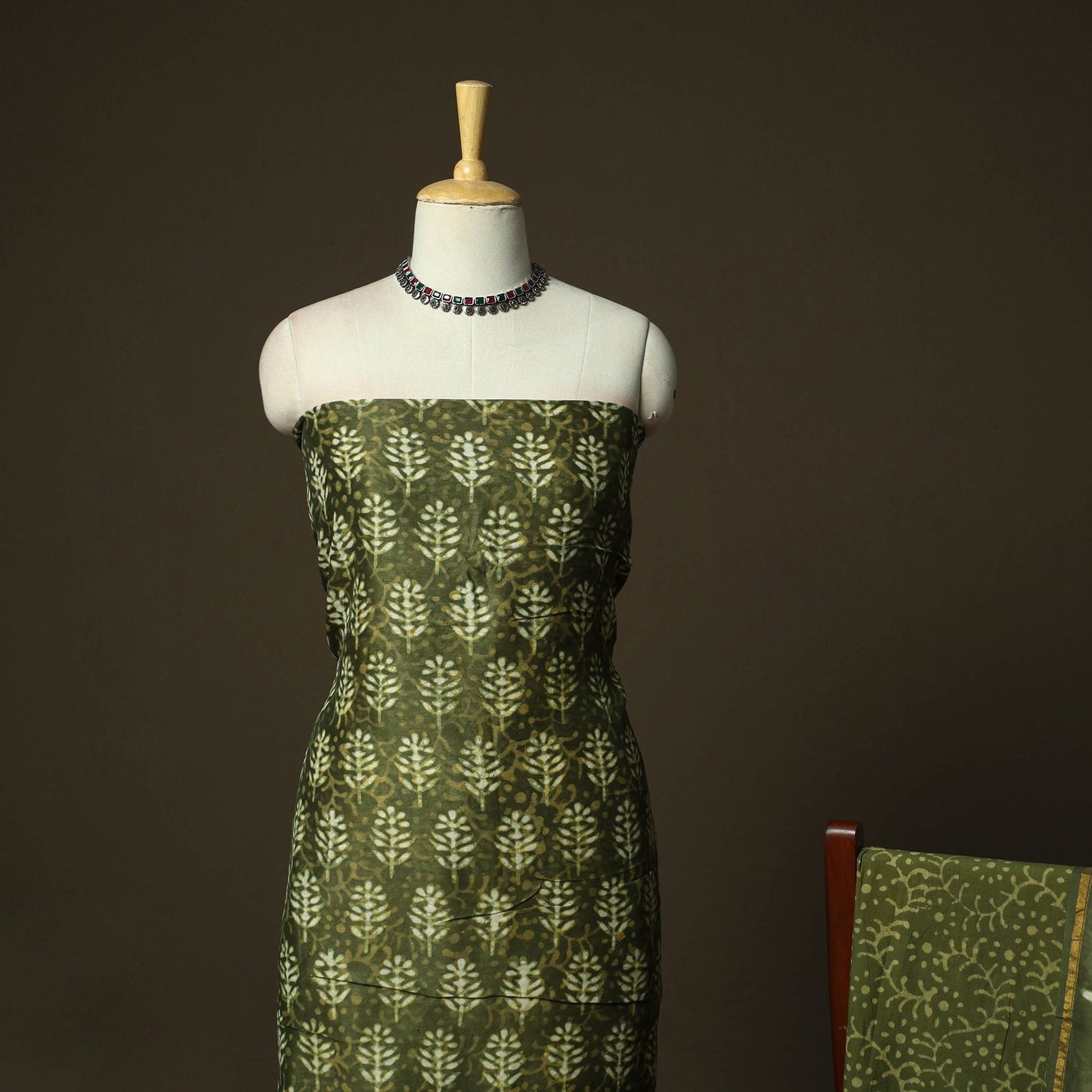 Hand block batik print chanderi silk 3pc unstitched dress