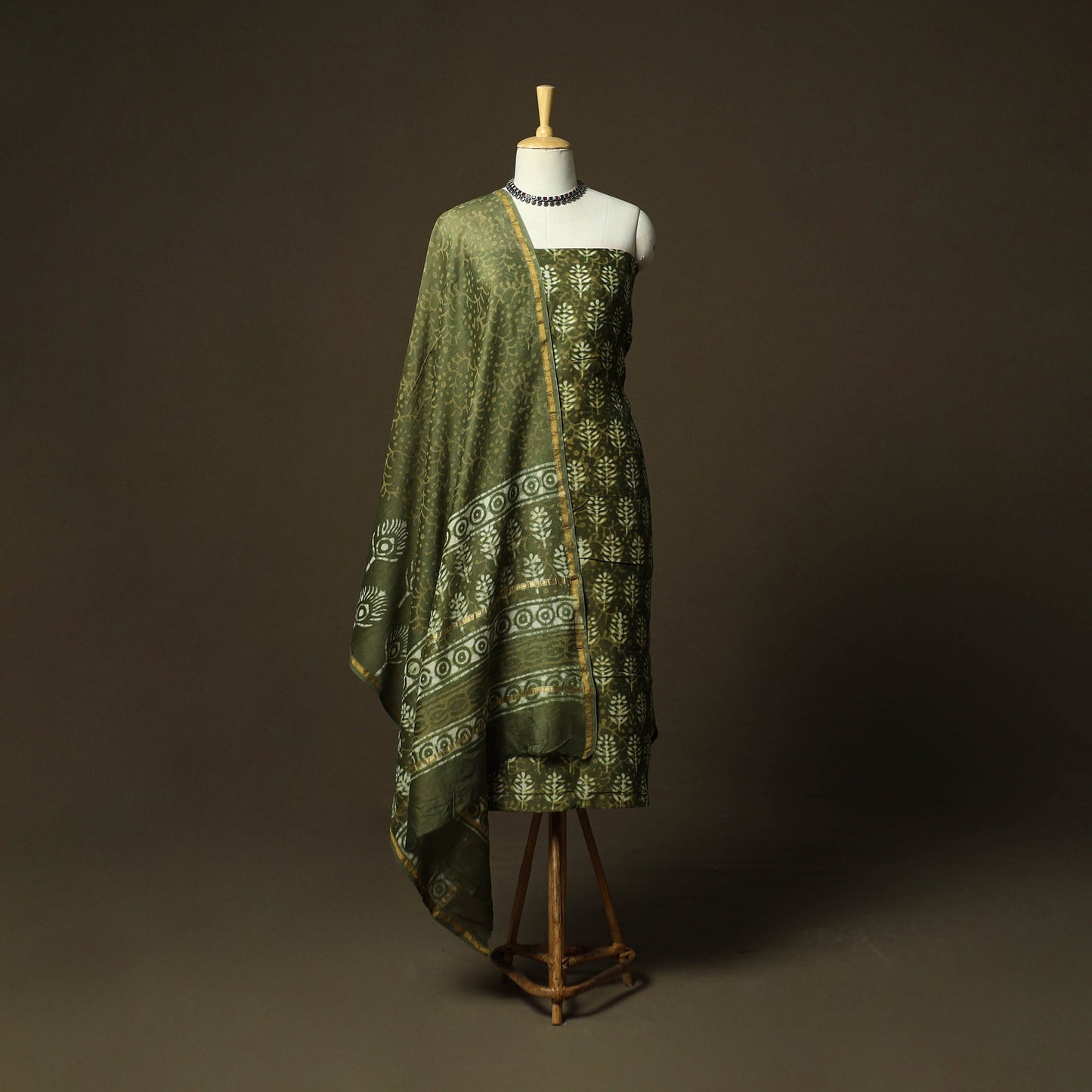 Hand block batik print chanderi silk 3pc unstitched dress