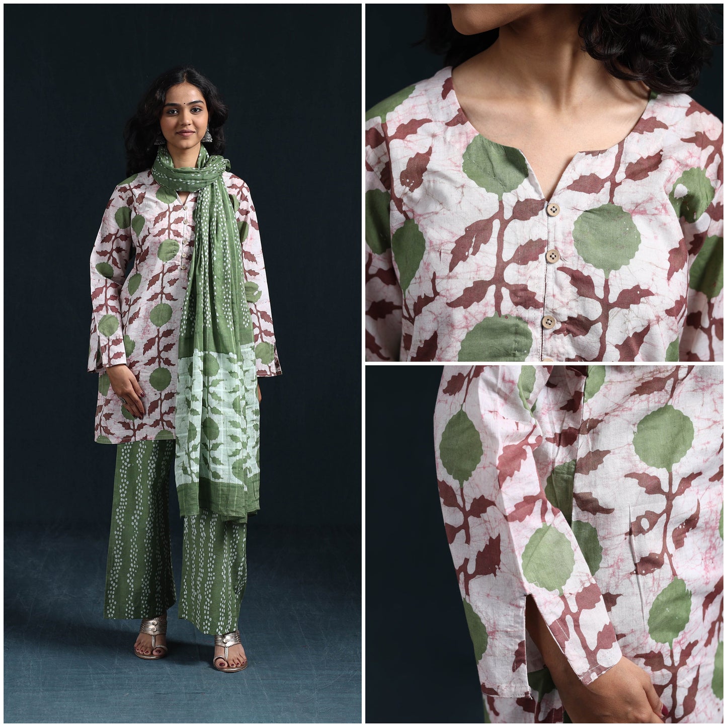 Hand batik cotton suit set with dupatta for women 06