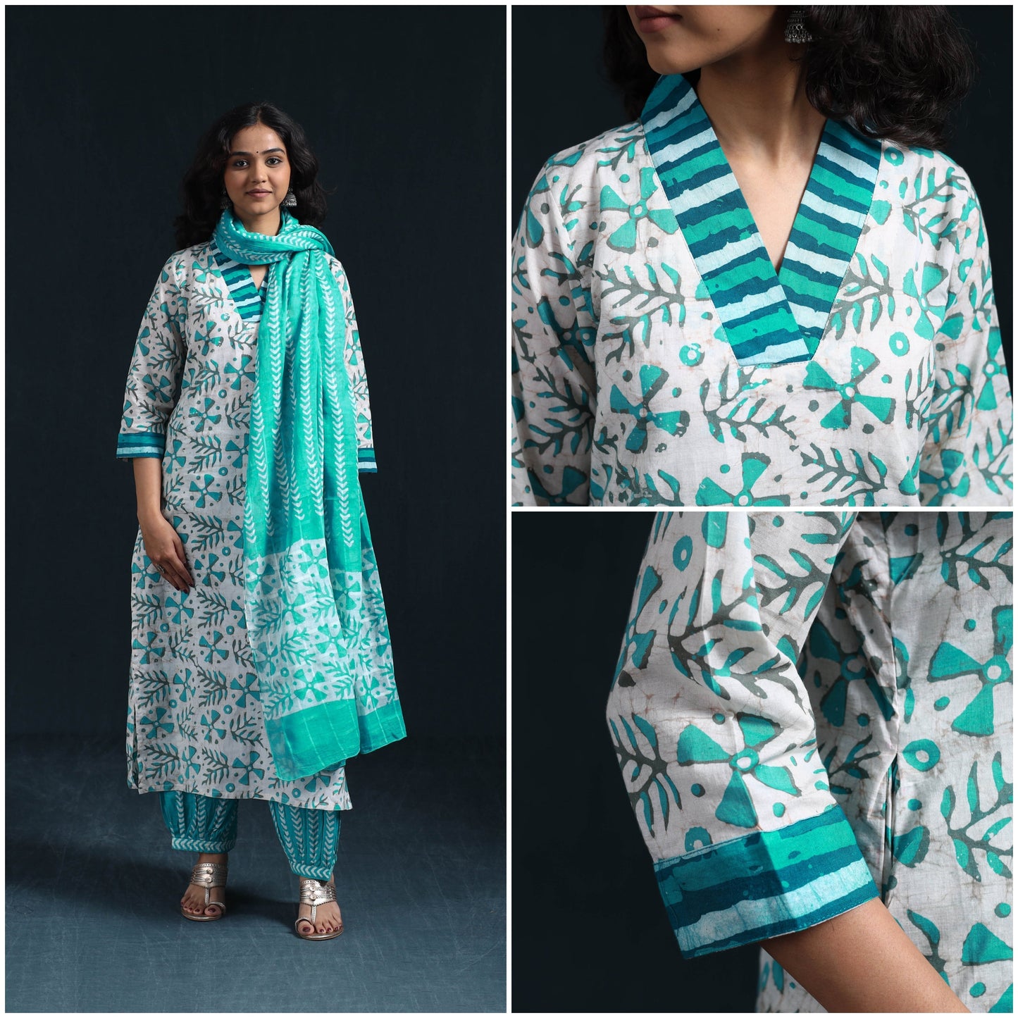 Hand batik cotton suit set with dupatta for women 08