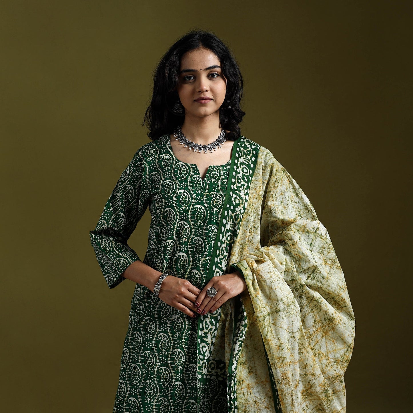 Hand block batik print cotton suit set with dupatta