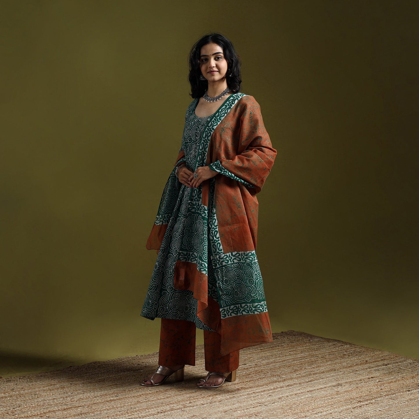 Hand block batik print cotton suit set with dupatta