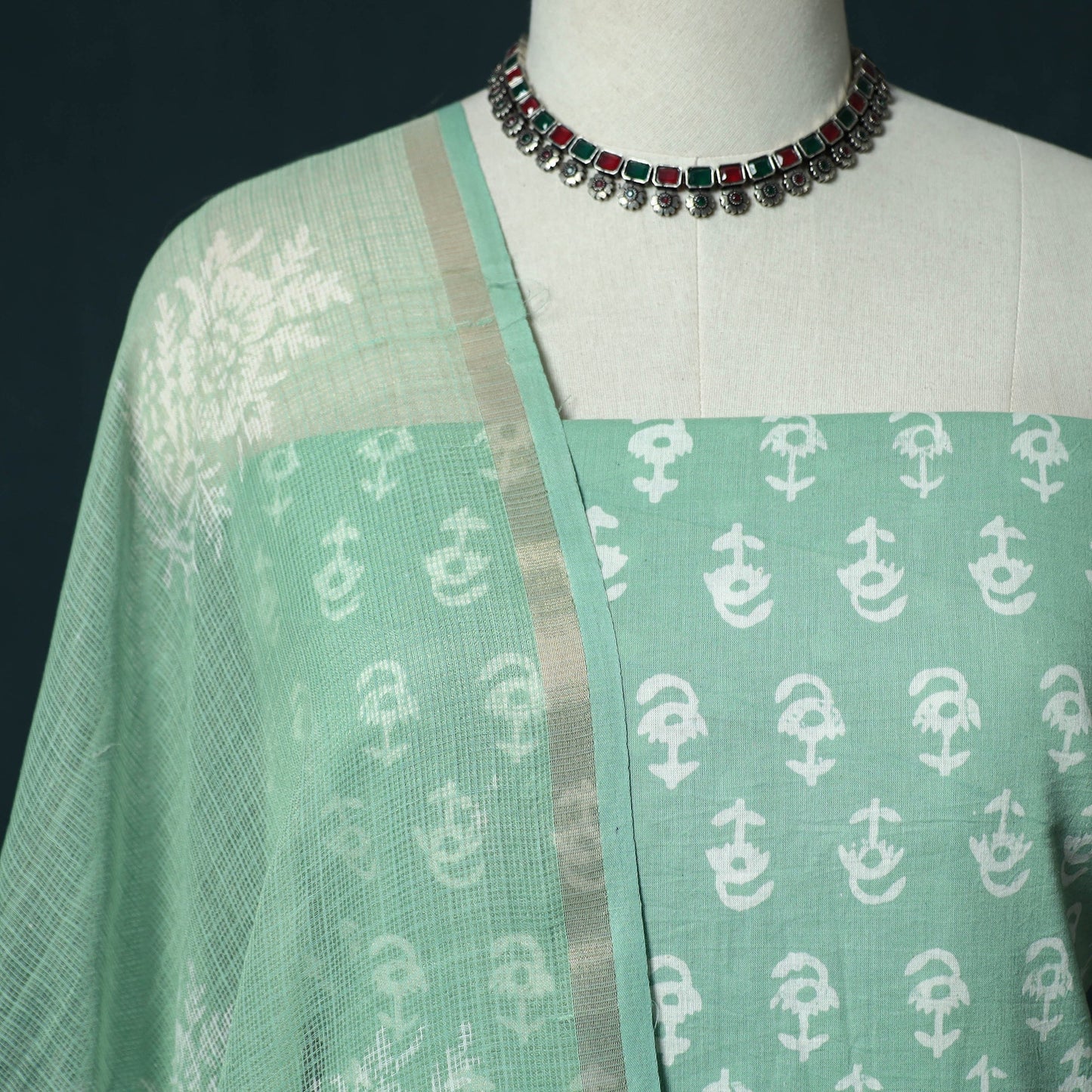 Hand block jaipur print cotton 3pc unstitched dress