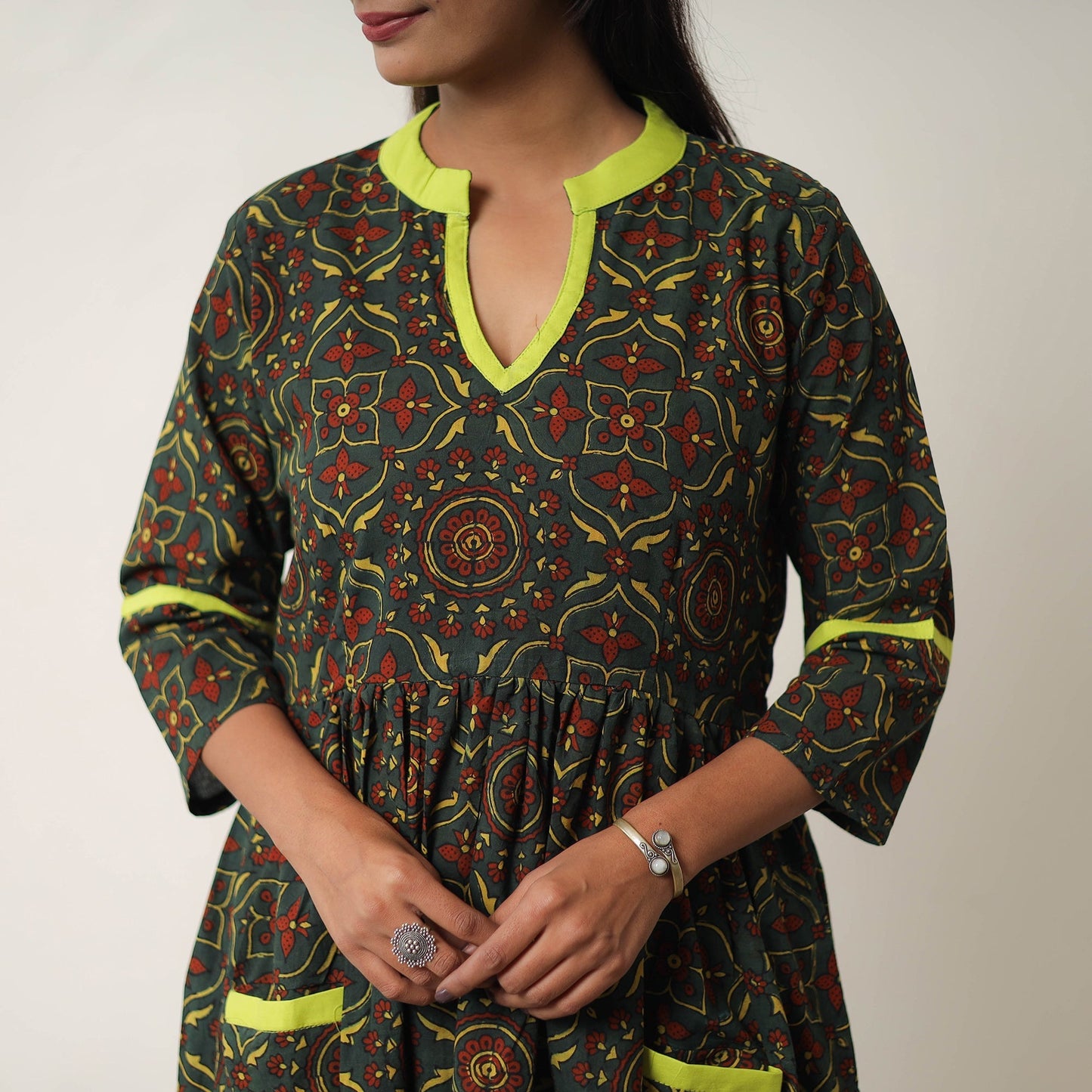Green Hand Block Print Cotton Flared Gher Ajrakh Dress