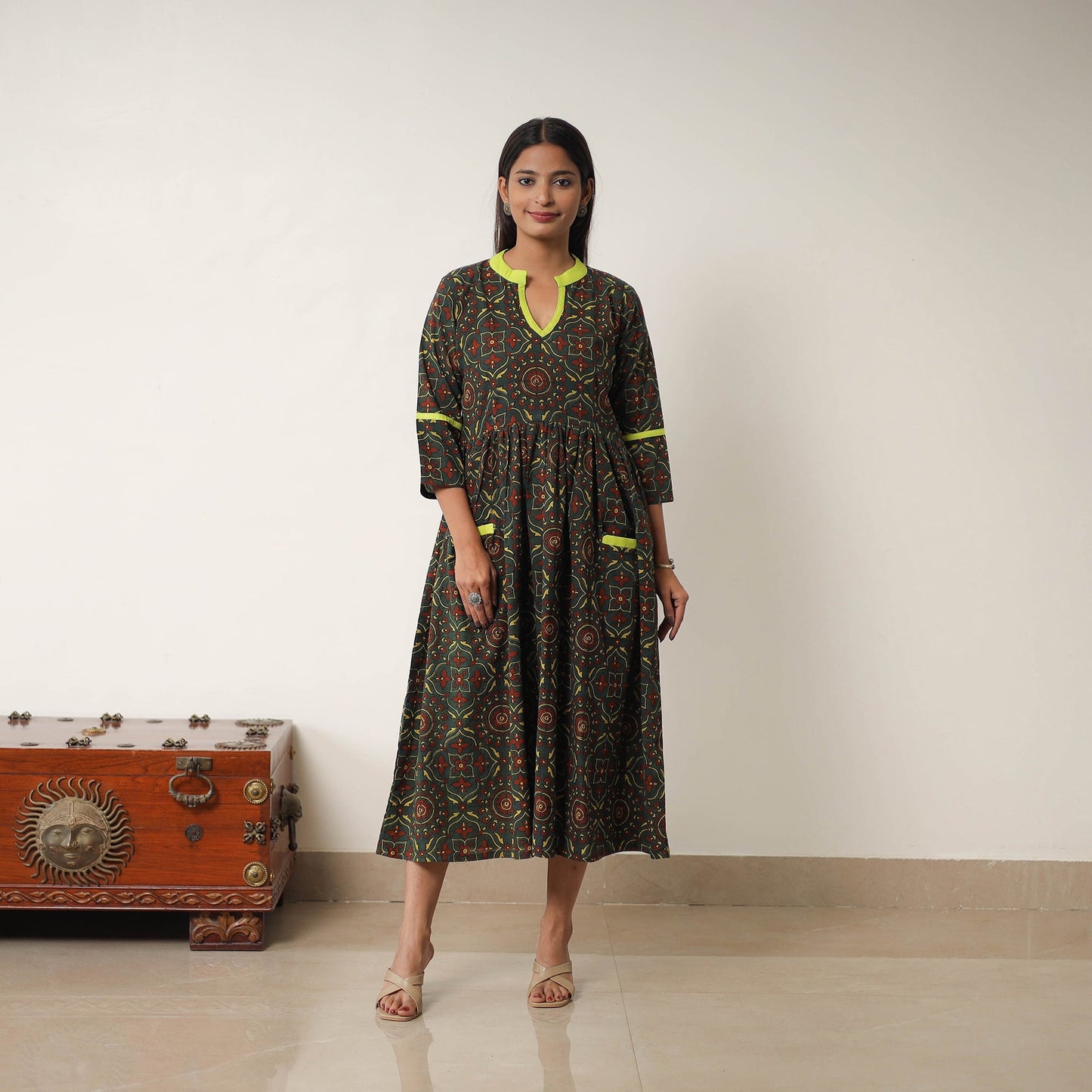 Green Hand Block Print Cotton Flared Gher Ajrakh Dress