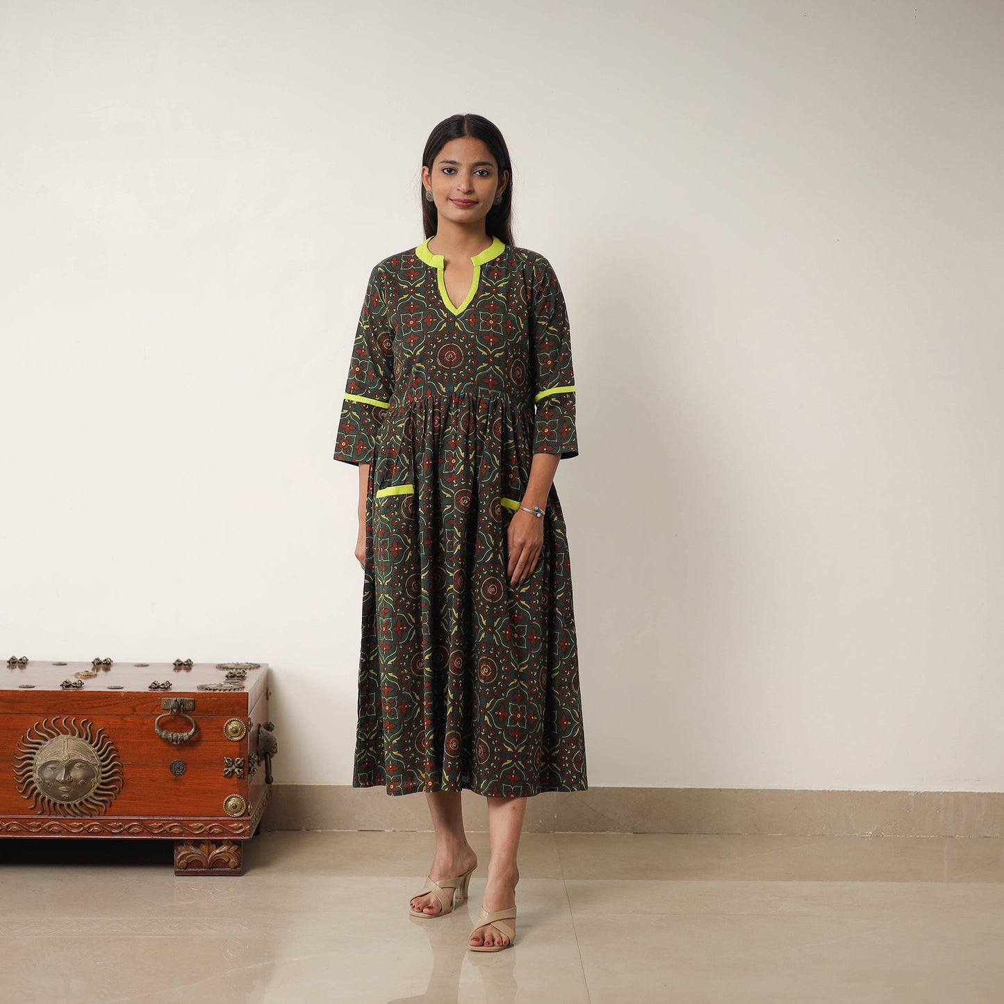 Green Hand Block Print Cotton Flared Gher Ajrakh Dress