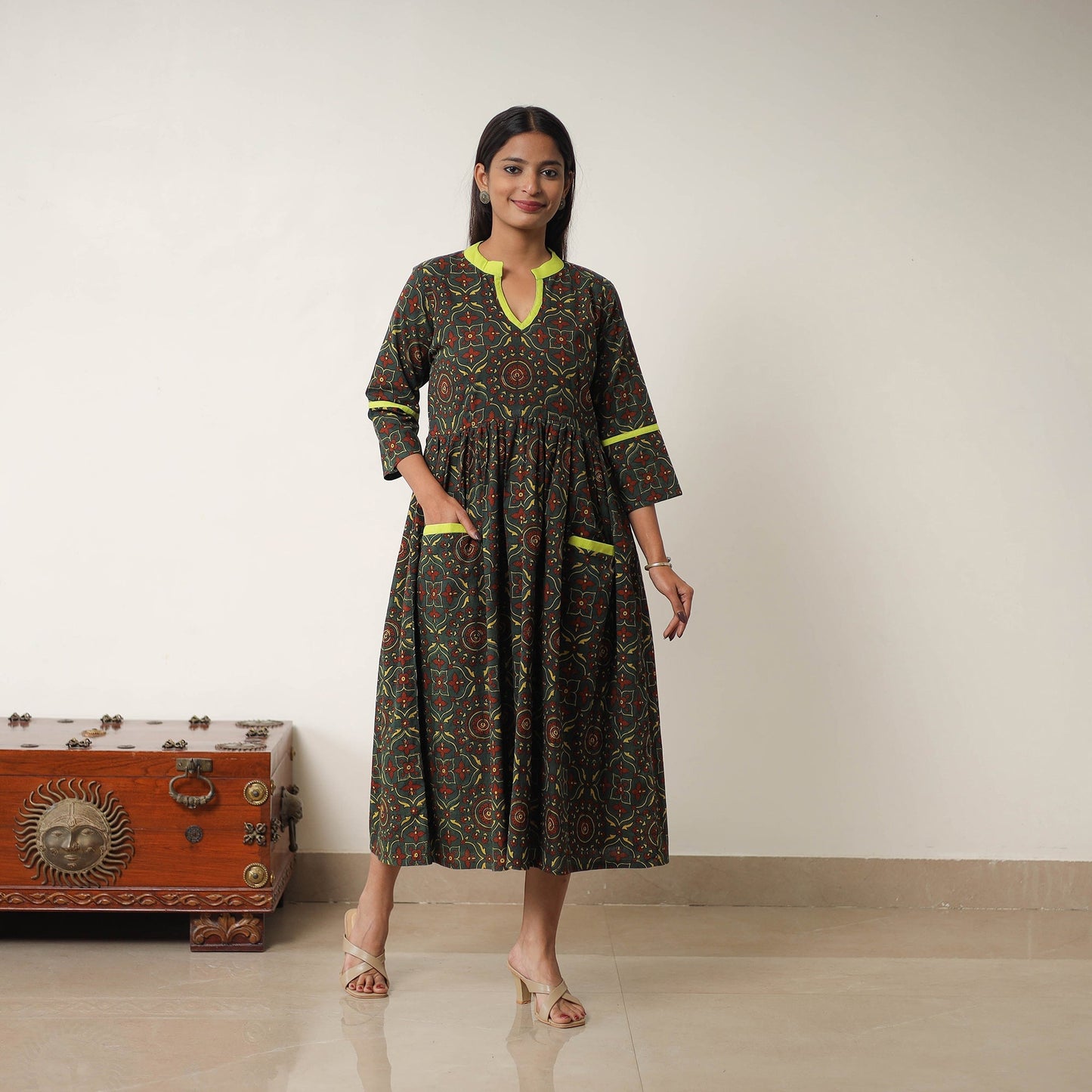 Green Hand Block Print Cotton Flared Gher Ajrakh Dress