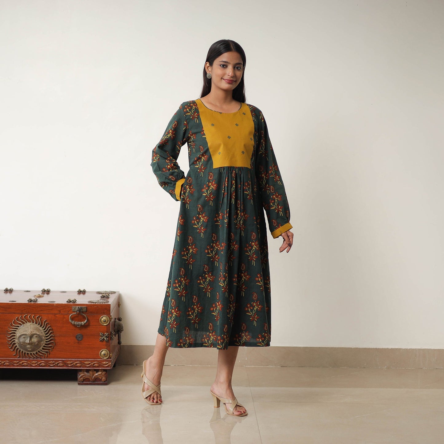 Buy Green Hand Block Print Cotton Flared Gher Ajrakh Dress