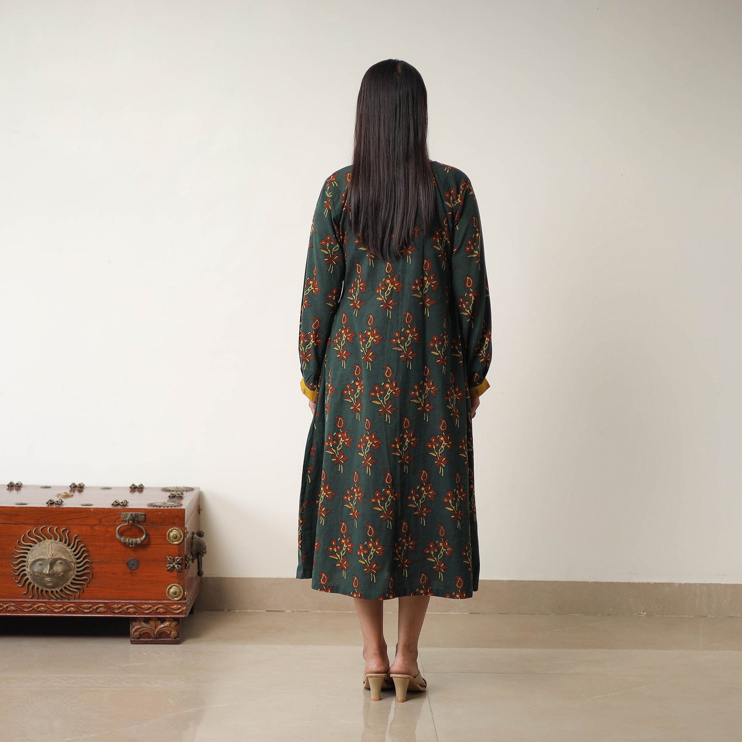 Buy Green Hand Block Print Cotton Flared Gher Ajrakh Dress
