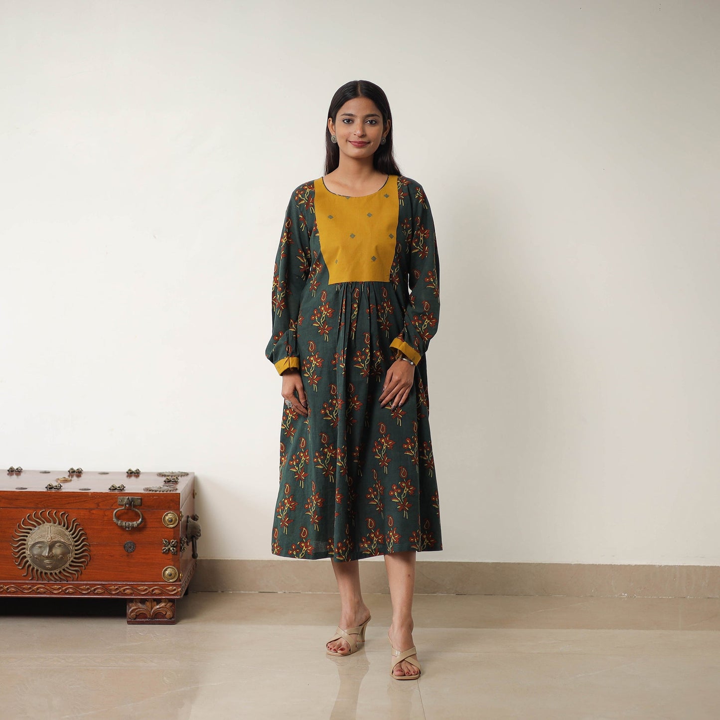 Buy Green Hand Block Print Cotton Flared Gher Ajrakh Dress