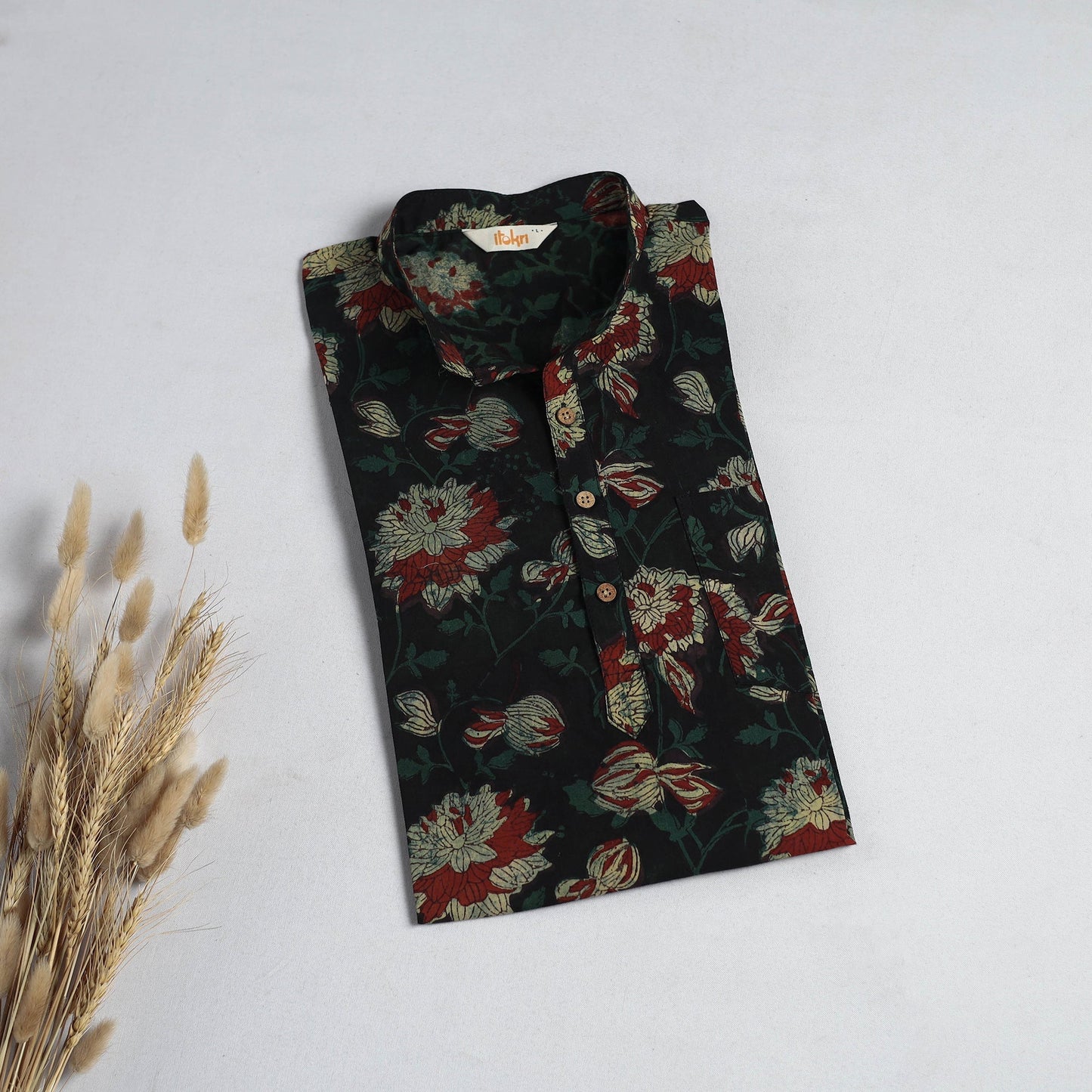 Hand block print natural dyed cotton short bagru kurta