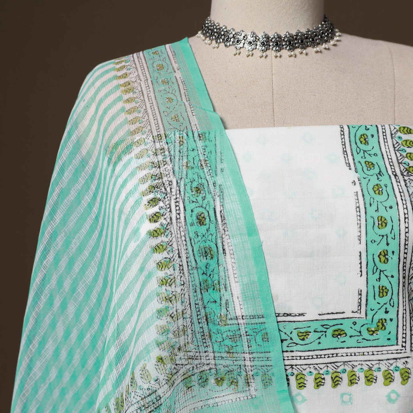 Hand block print sanganeri cotton 3pc unstitched dress