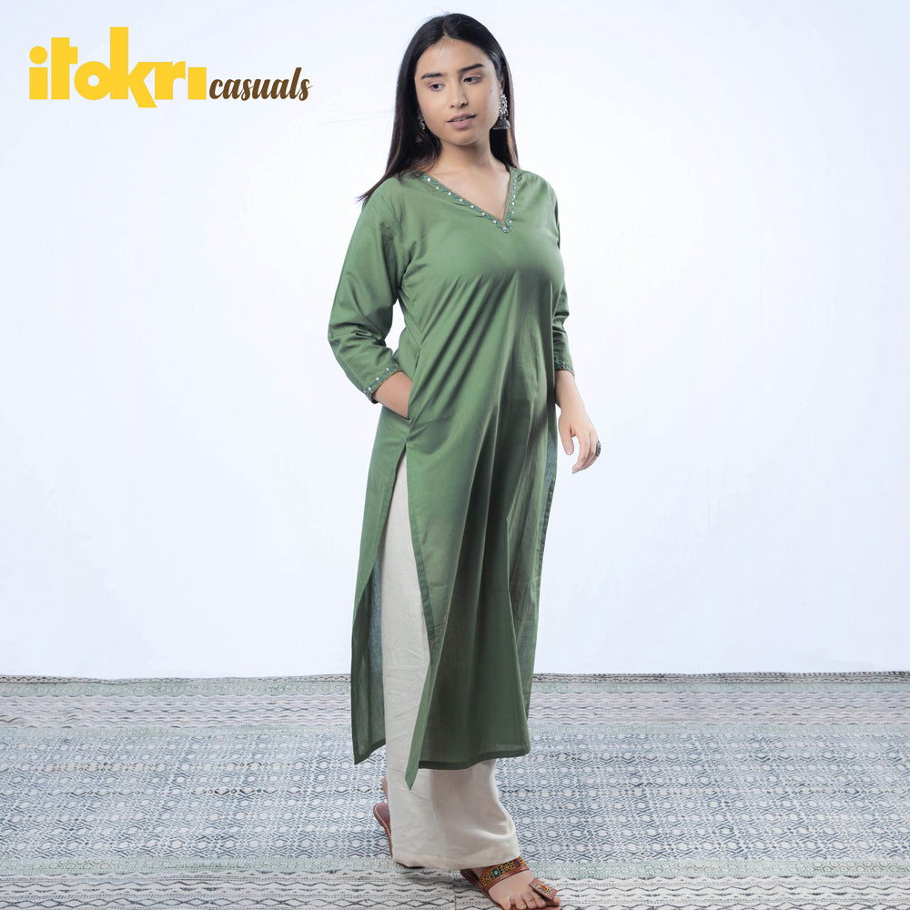 iTokri Casuals - Hand Embroidered Cotton Long Kurta