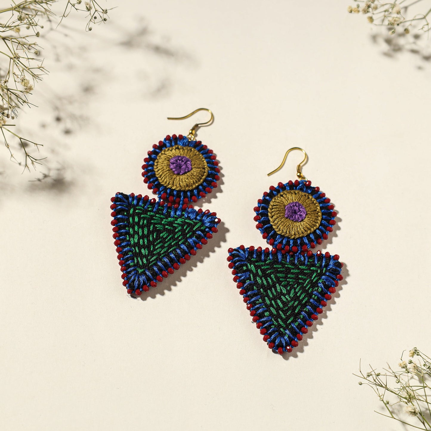 Hand Embroidered Fabart Beadwork Earrings by Rangila Dhaga