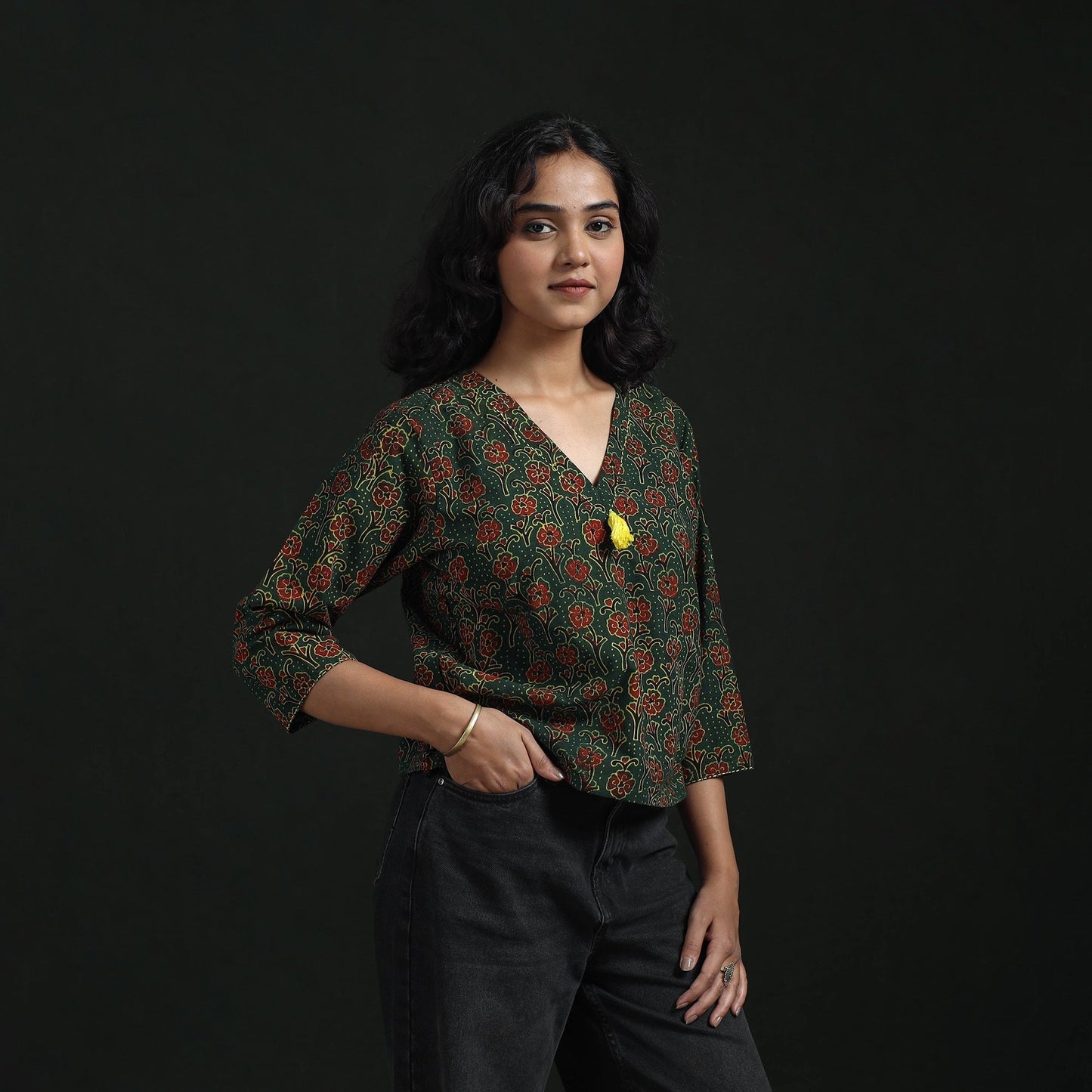 Hand embroidery block print cotton natural dyed ajrakh crop