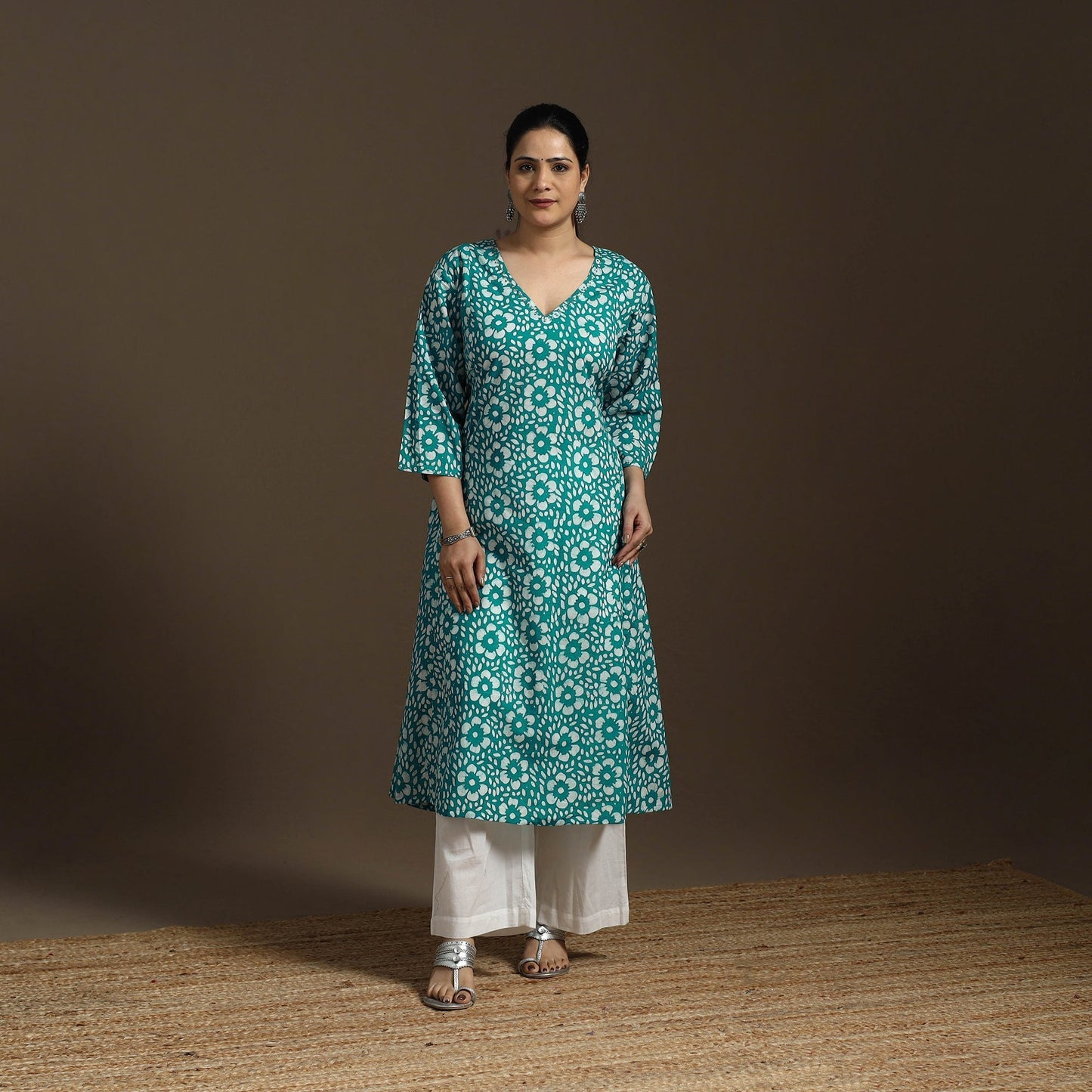 Hand embroidery cotton a-line batik kurta for women 01
