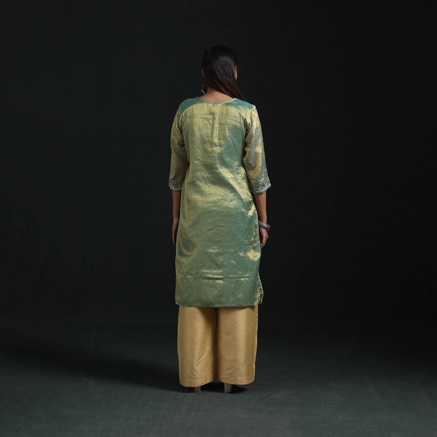 Hand embroidery fine tissue zari straight plain kurta