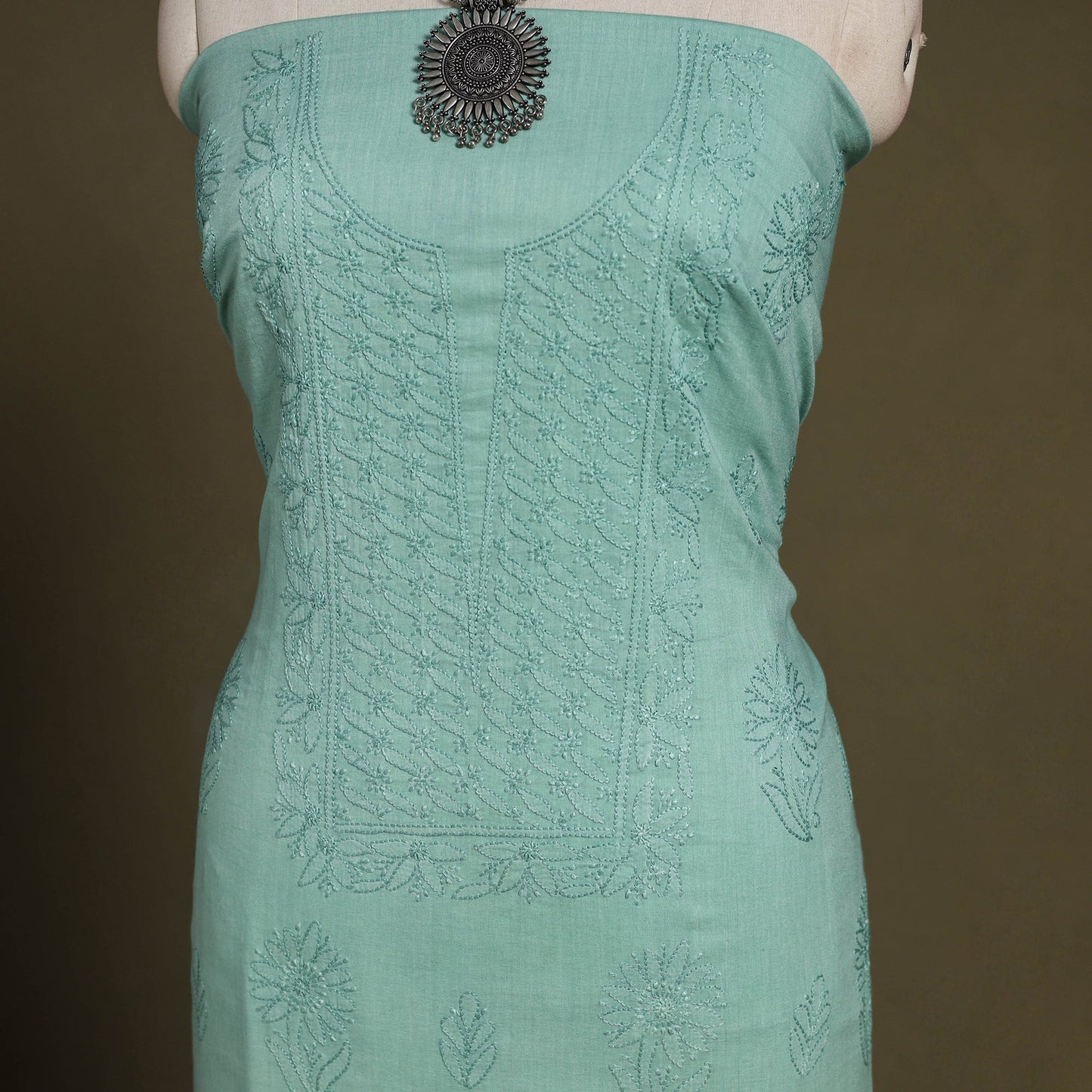 Green - hand embroidery mul cotton chikankari unstitched