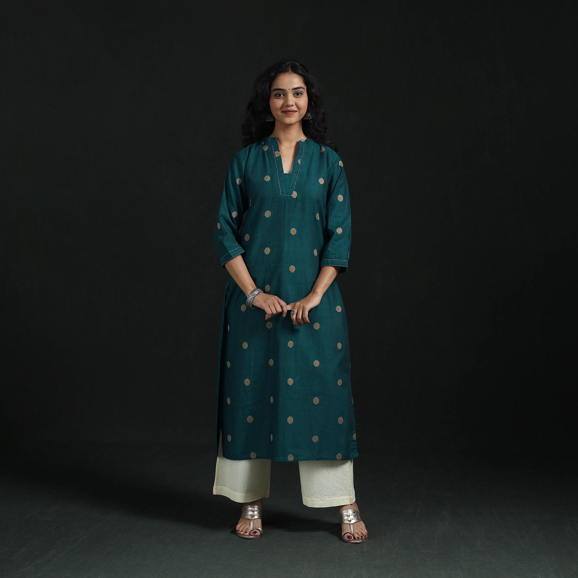 Green - Hand Embroidered Straight Cotton Jacquard Long Kurta for women 06