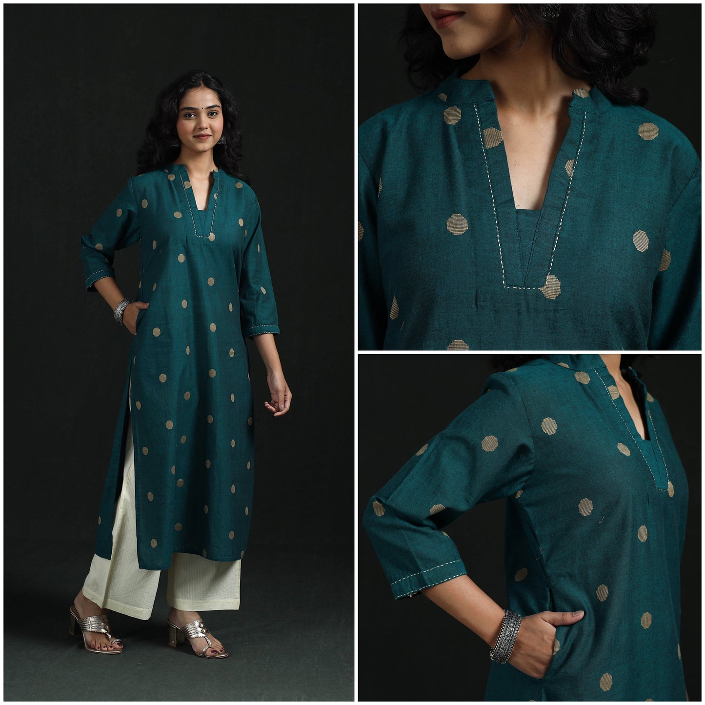 Hand embroidery straight cotton jacquard kurta for women 06