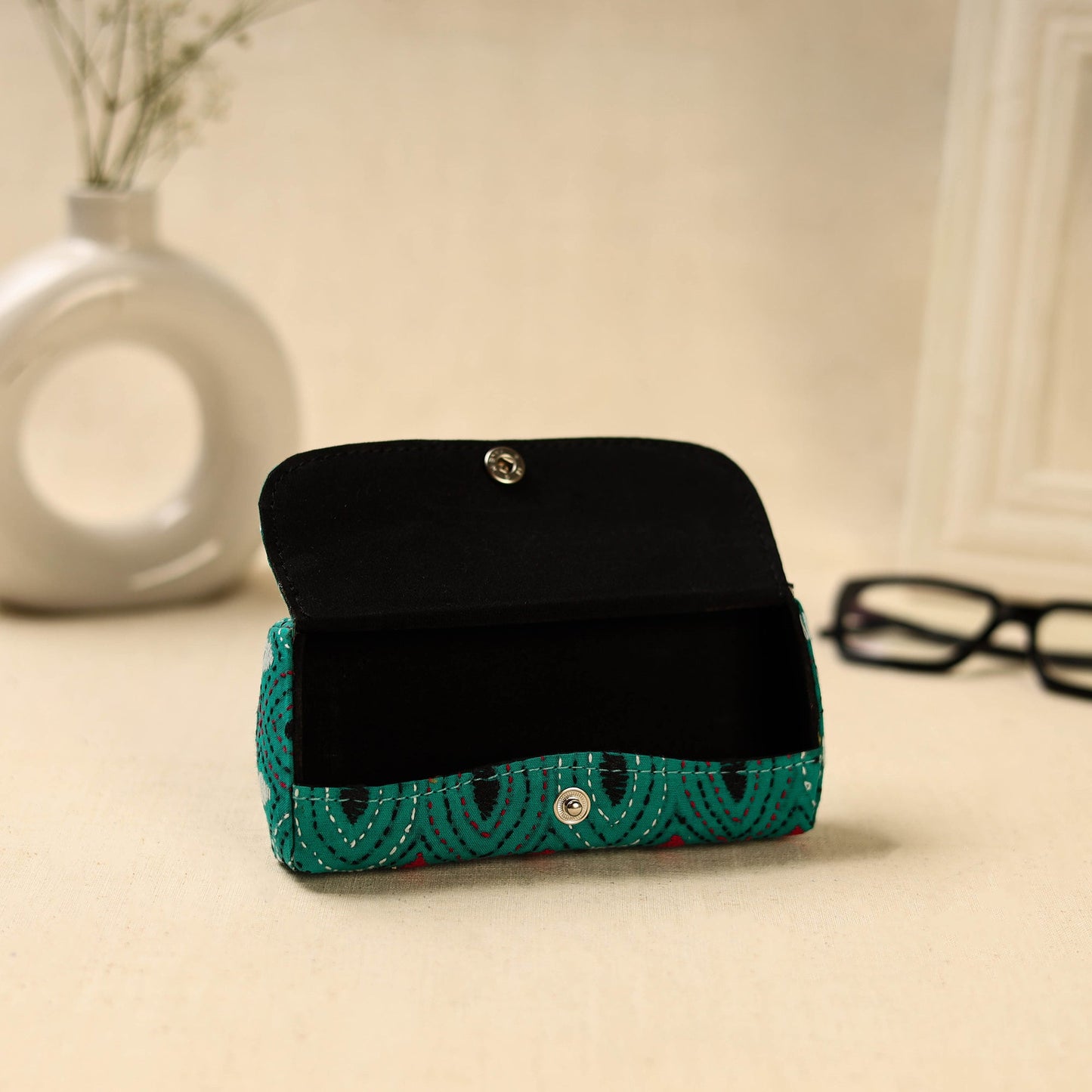 Green Handcrafted Bengal Kantha Work Spectacle Case