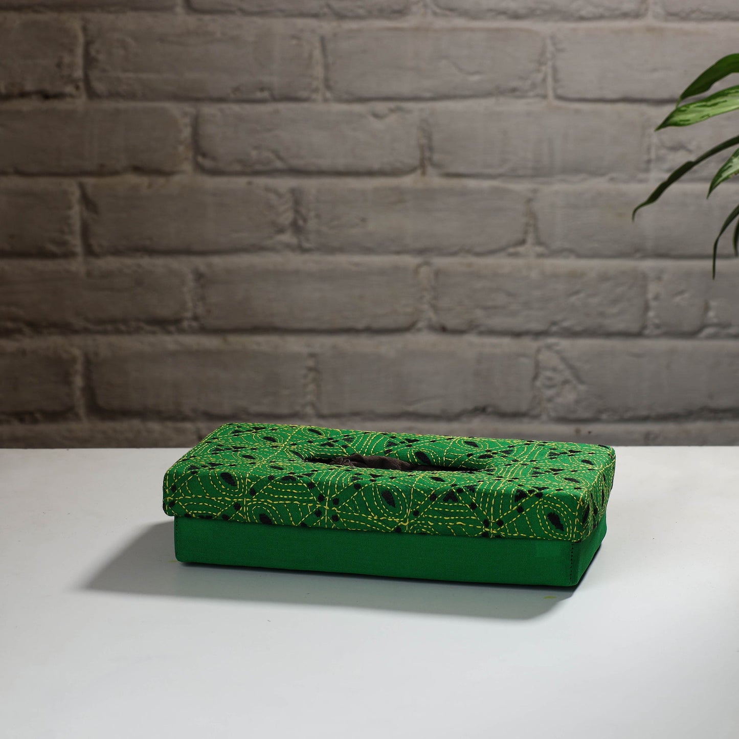 Green Handcrafted Bengal Kantha Work Tissue Box