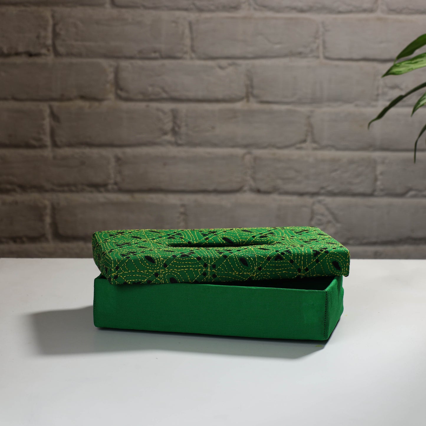 Green Handcrafted Bengal Kantha Work Tissue Box